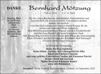 Traueranzeige von Bernhard Mötzung von Südthüringer Presse