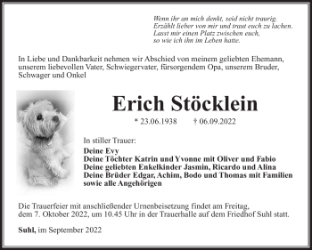 Traueranzeige von Erich Stöcklein von Südthüringer Presse