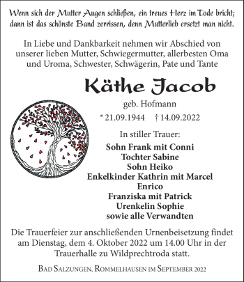 Traueranzeige von Käthe Jacob von Südthüringer Presse