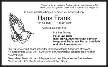 Traueranzeige von Hans Frank von Frankenpost