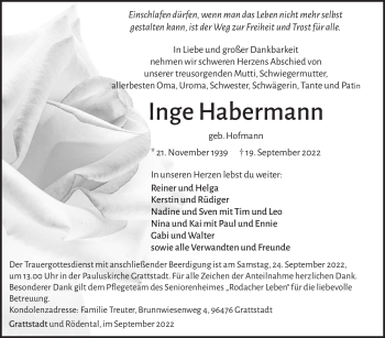 Traueranzeige von Inge Habermann von Südthüringer Presse