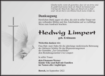 Traueranzeige von Hedwig Limpert von Südthüringer Presse