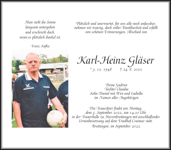 Traueranzeige von Karl-Heinz Gläser von Südthüringer Presse