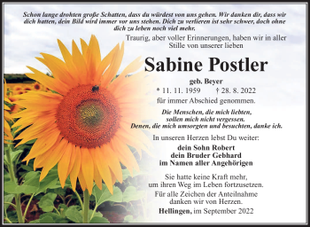 Traueranzeige von Sabine Postler von Südthüringer Presse