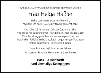 Traueranzeige von Helga Häßler von Neue Presse Coburg
