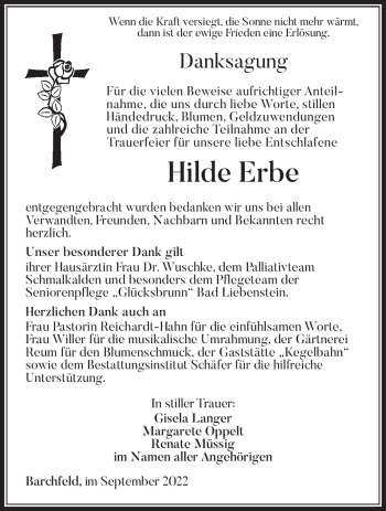 Traueranzeige von Hilde Erbe von Südthüringer Presse
