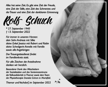 Traueranzeige von Rolf Schuch von Südthüringer Presse