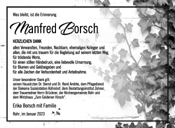 Traueranzeige von Manfred Borsch von Südthüringer Presse