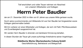 Traueranzeige von Peter Baudler von Neue Presse Coburg