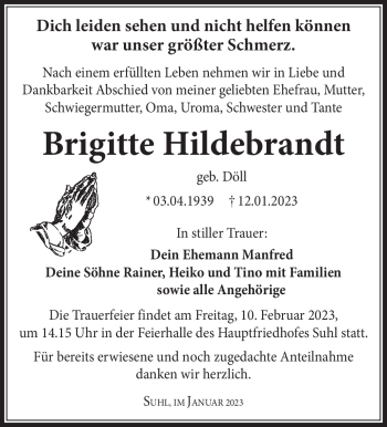 Traueranzeige von Brigitte Hildebrandt von Südthüringer Presse