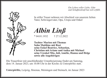 Traueranzeige von Albin Linß von Südthüringer Presse