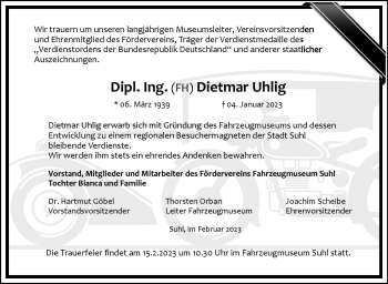 Traueranzeige von Dipl. Ing. (FH) Dietmar Uhlig von Südthüringer Presse