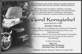Traueranzeige von Gerd Korngiebel von Südthüringer Presse