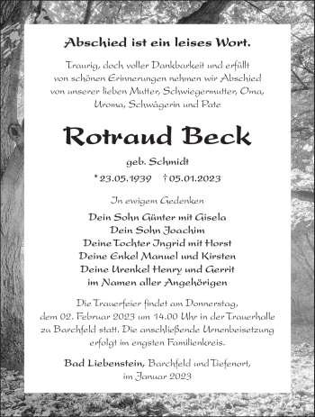 Traueranzeige von Rotraud Beck von Südthüringer Presse