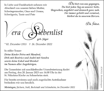 Traueranzeige von Vera Siebenlist von Südthüringer Presse