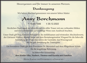 Traueranzeige von Anny Borchmann von Südthüringer Presse