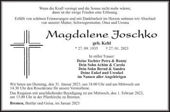 Traueranzeige von Magdalene Joschko von Südthüringer Presse