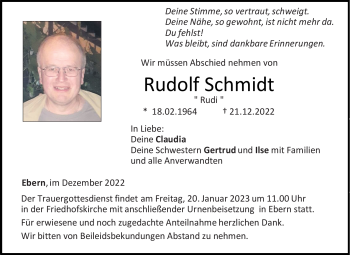 Traueranzeige von Rudolf Schmidt von Neue Presse Coburg