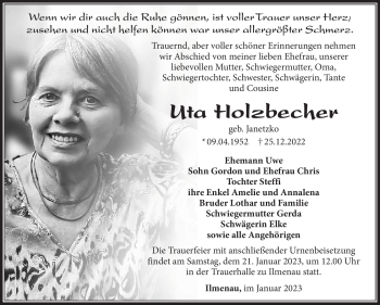 Traueranzeige von Uta Holzbecher von Südthüringer Presse