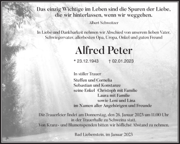 Traueranzeige von Alfred Peter von Südthüringer Presse