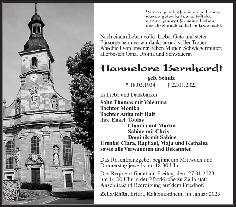  Traueranzeige für Hannelore Bernhardt vom 25.01.2023 aus Südthüringer Presse