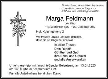 Traueranzeige von Marga Feldmann von Frankenpost