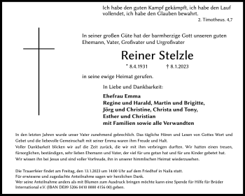 Traueranzeige von Reiner Stelzle von Frankenpost