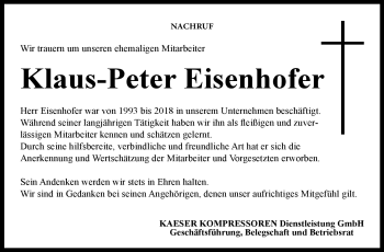 Traueranzeige von Klaus-Peter Eisenhofer von Neue Presse Coburg