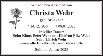 Traueranzeige von Christa Wehr von Südthüringer Presse