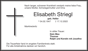 Traueranzeige von Elisabeth Striegl von Frankenpost