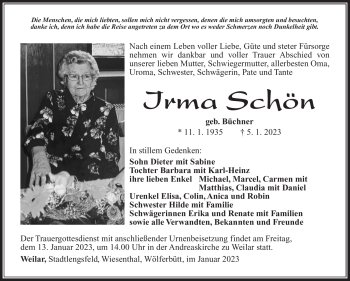 Traueranzeige von Irma Schön von Südthüringer Presse