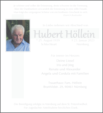 Traueranzeige von HubertHubert HölleinHöllein von Südthüringer Presse