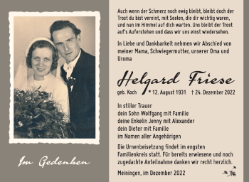 Traueranzeige von Helgard Friese von Südthüringer Presse