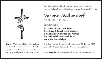 Traueranzeige von Verona Wallendorf von Südthüringer Presse