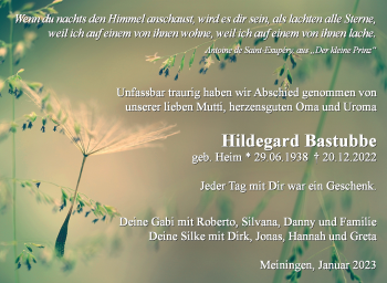 Traueranzeige von Hildegard Bastubbe von Südthüringer Presse