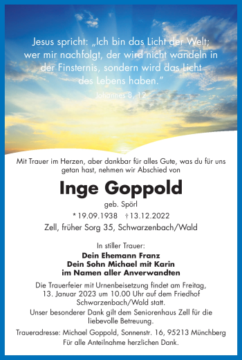 Traueranzeige von Inge Goppold von Frankenpost