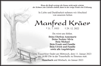 Traueranzeige von Manfred Kräer von Südthüringer Presse