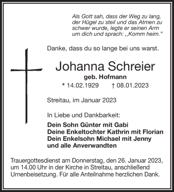 Traueranzeige von Johanna Schreier von Frankenpost