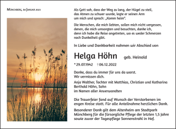 Traueranzeige von Helga Höhn von Frankenpost
