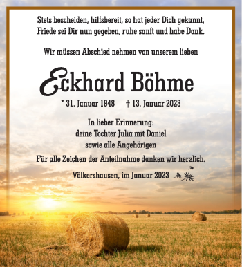 Traueranzeige von Eckhard Böhme von Südthüringer Presse