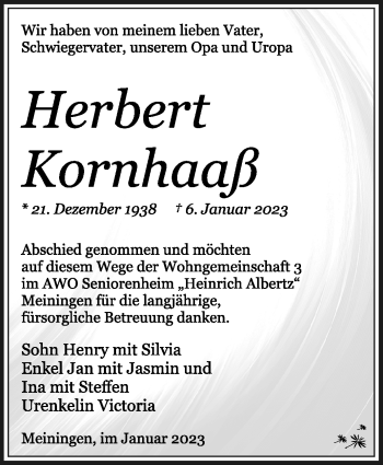Traueranzeige von Herbert Kornhaaß von Südthüringer Presse