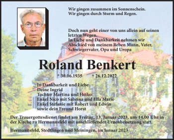 Traueranzeige von Roland Benkert von Südthüringer Presse