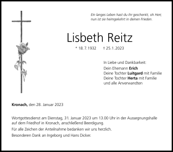 Traueranzeige von Lisbeth Reitz von Neue Presse Coburg