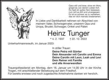 Traueranzeige von Heinz Tunger von Frankenpost