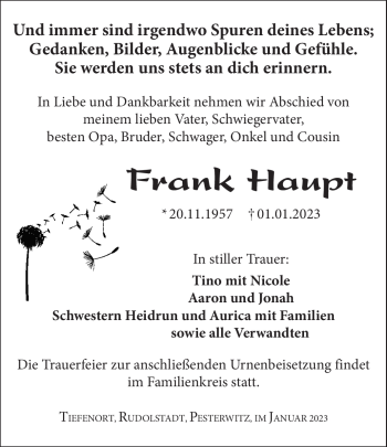 Traueranzeige von Frank Haupt von Südthüringer Presse