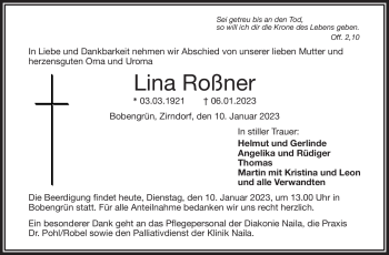 Traueranzeige von Lina Roßner von Frankenpost