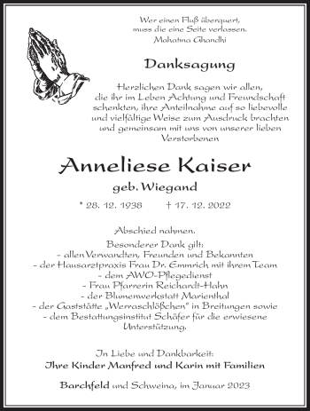 Traueranzeige von Anneliese Kaiser von Südthüringer Presse
