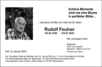 Traueranzeige von Rudolf Feulner von Frankenpost