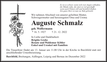 Traueranzeige von Auguste Schmalz von Südthüringer Presse