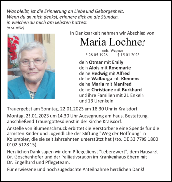 Traueranzeige von Maria Lochner von Neue Presse Coburg